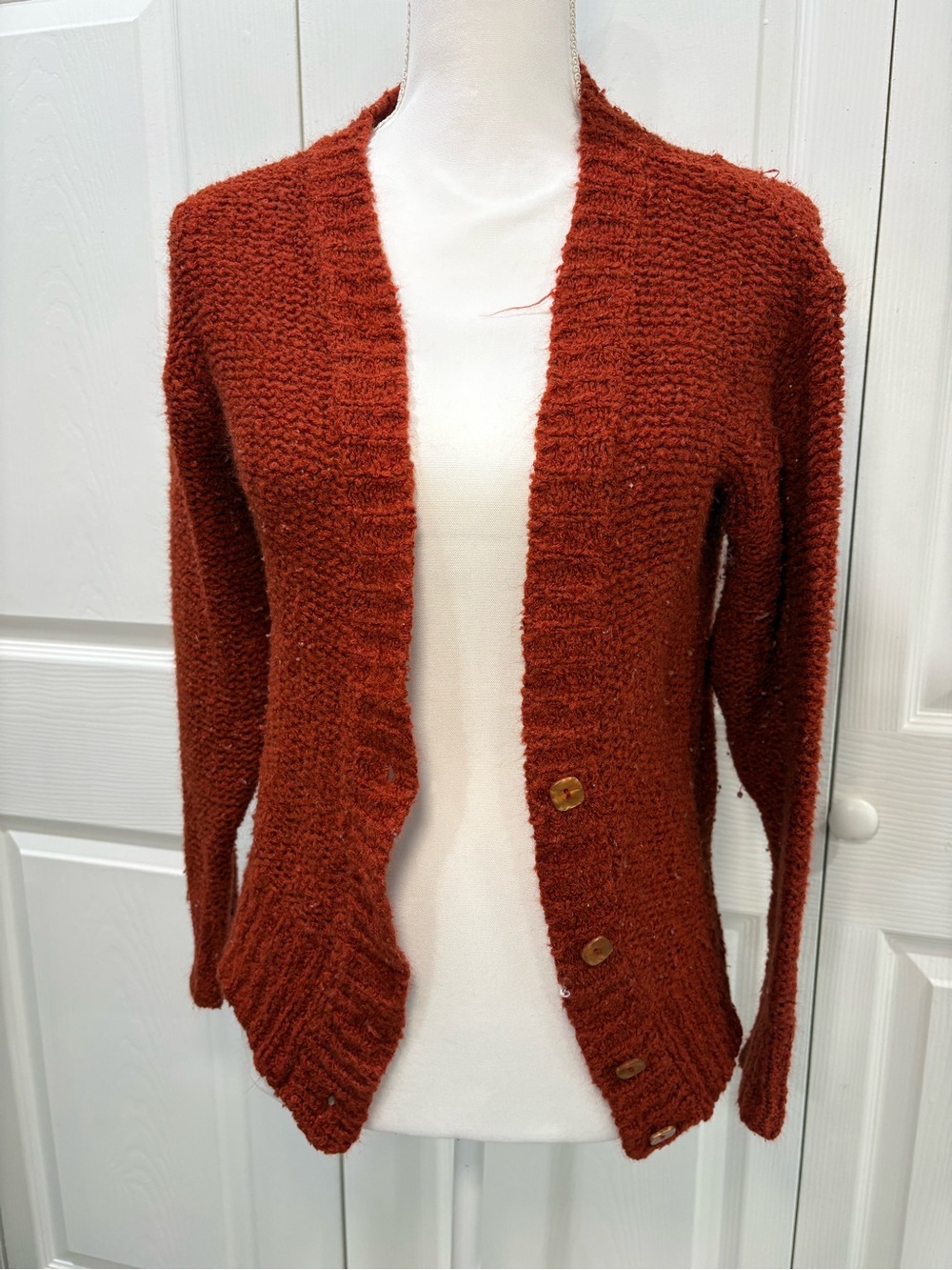 Open-Front Brick brown Buttoned Knit Cardigan